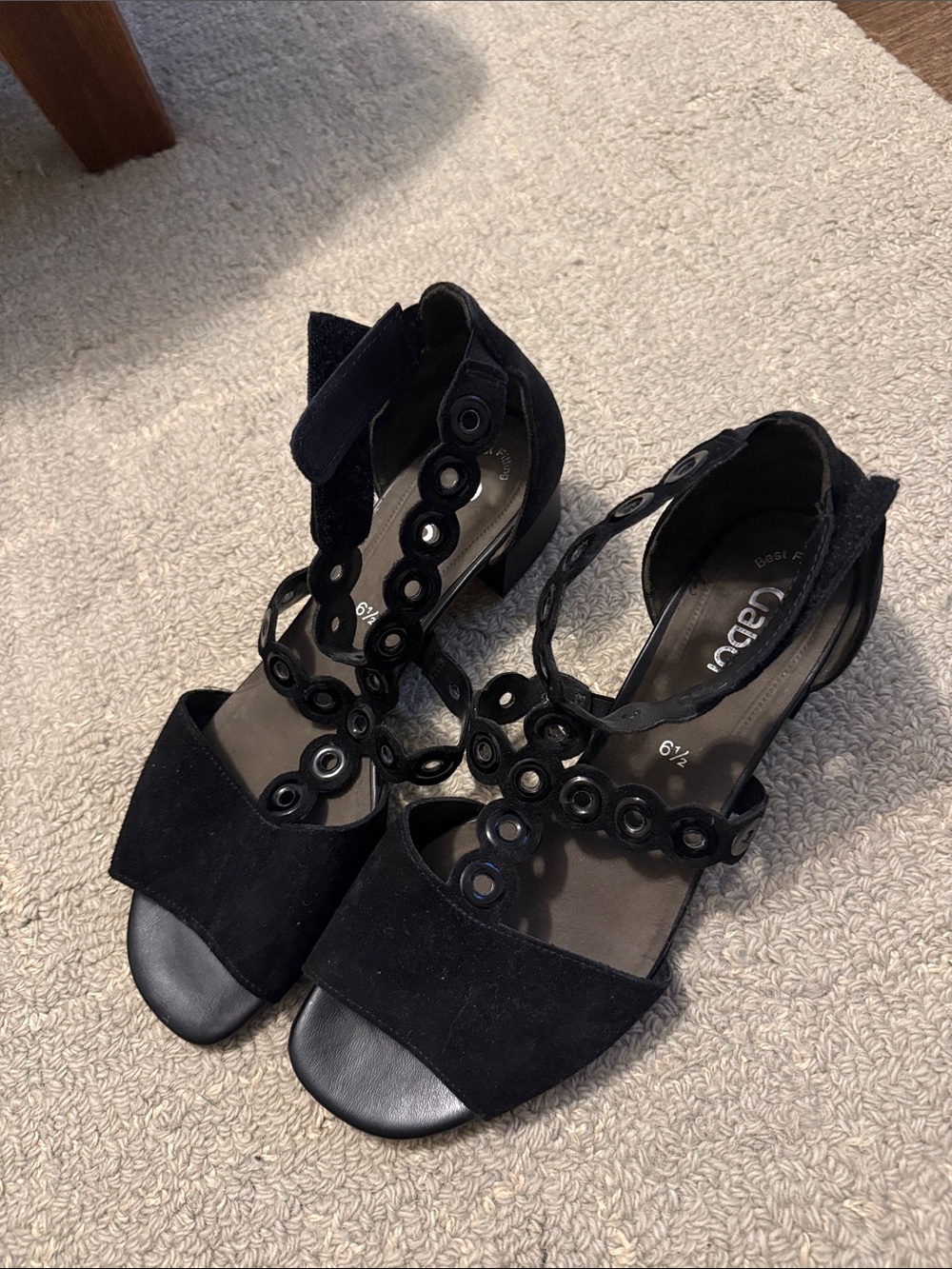 Gabor Black Suede Open-Toe Heels with Decorative Eyelet Straps